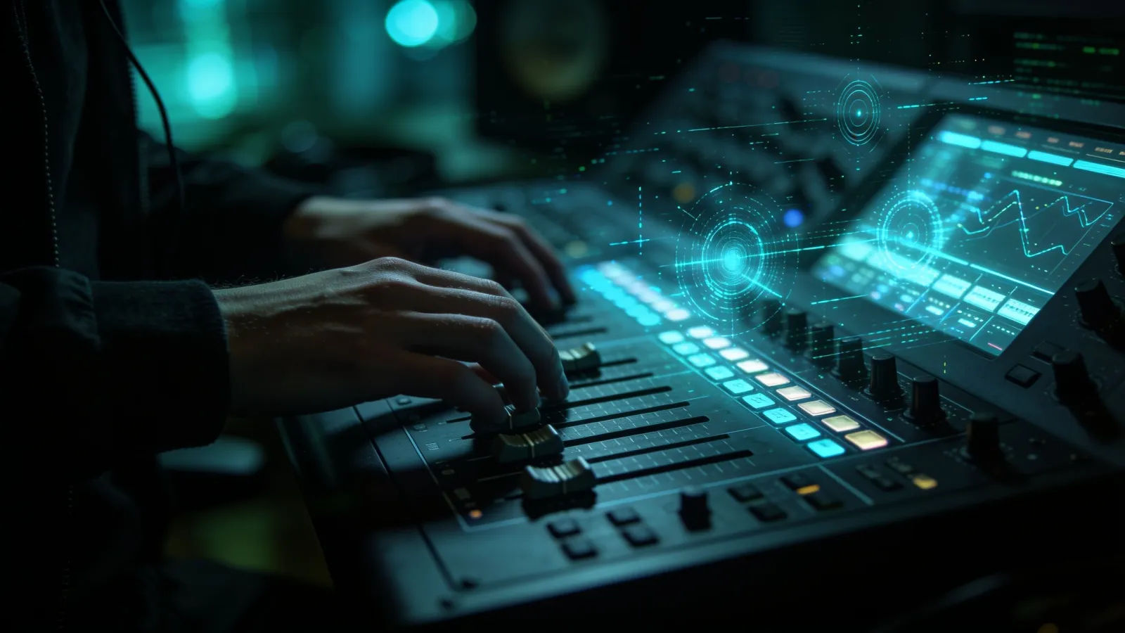 Hands at sleek console with glitching holographic controls