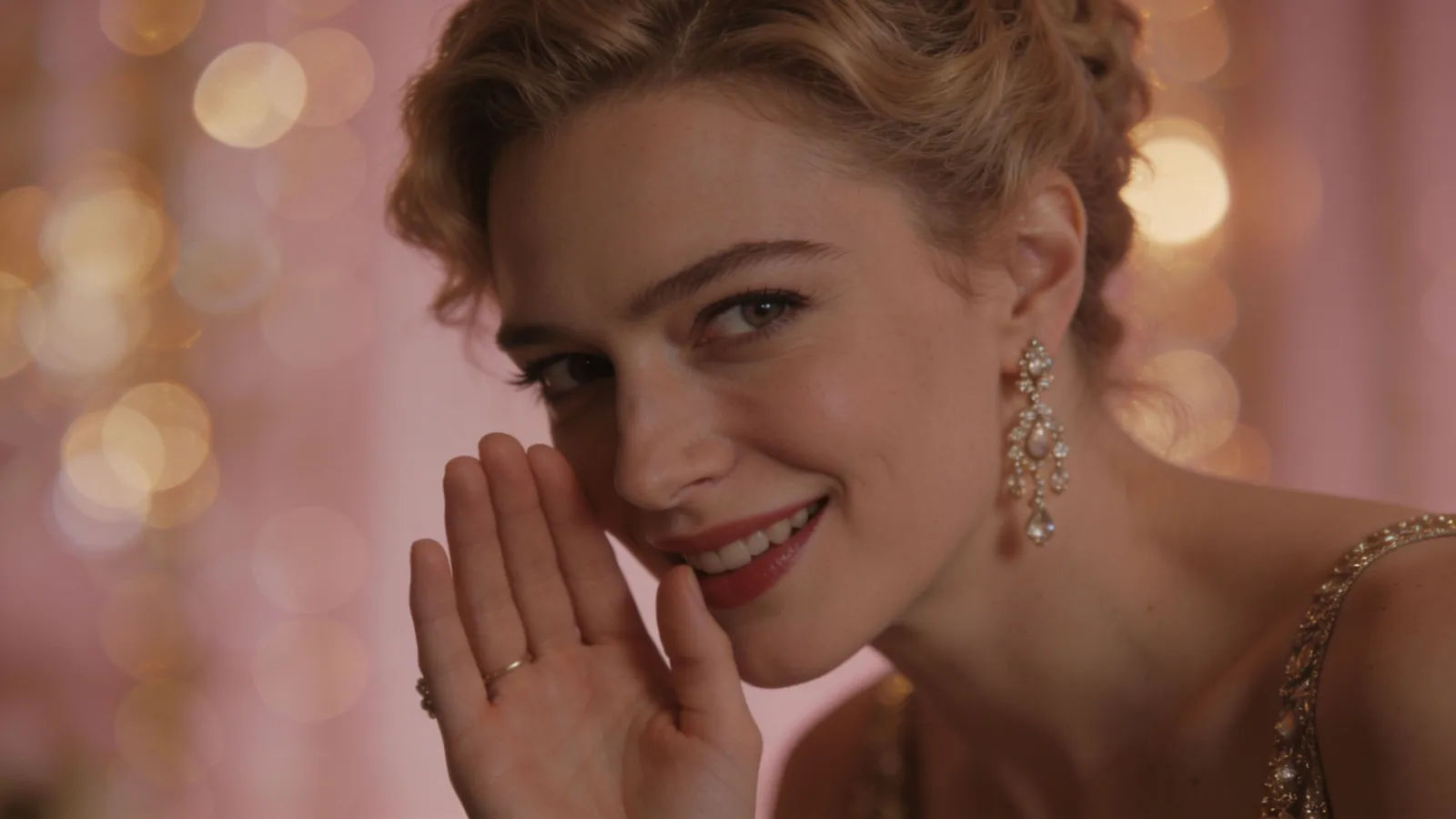 Glamorous socialite leaning in with sly knowing smile, portrait