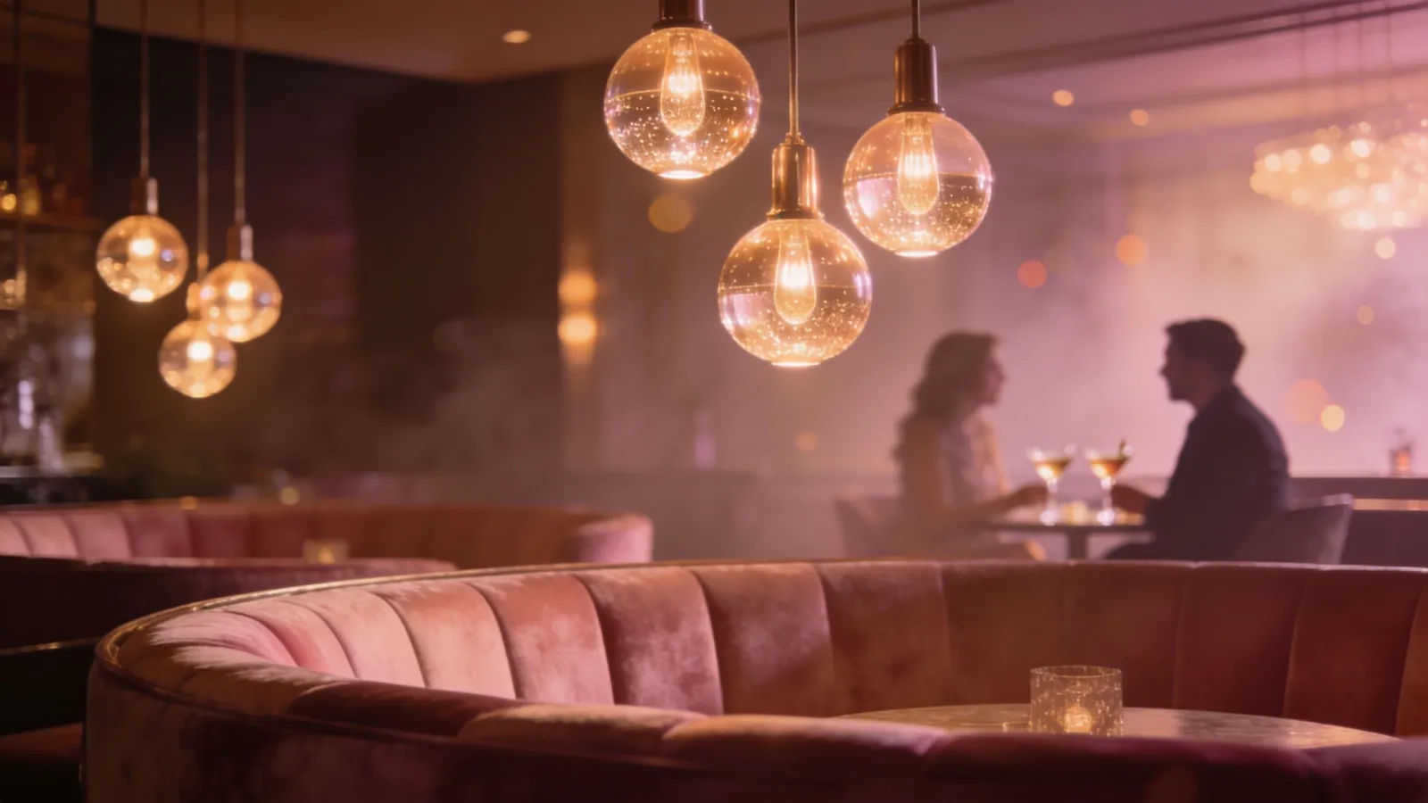 Elegant upscale lounge at evening with two figures talking