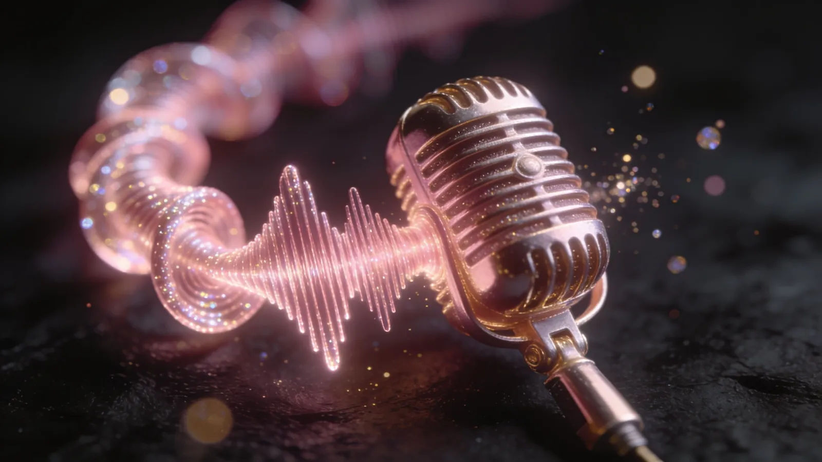 Rose-pink waveform curling around a vintage microphone, macro
