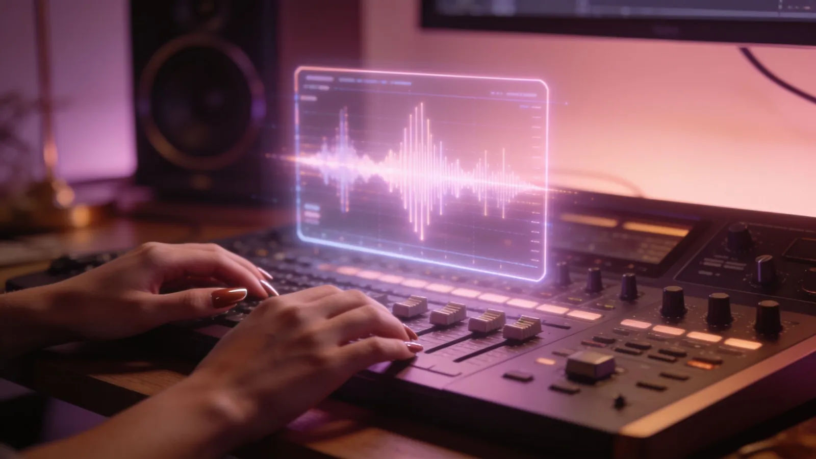 Manicured hands at stylish console with glowing waveform