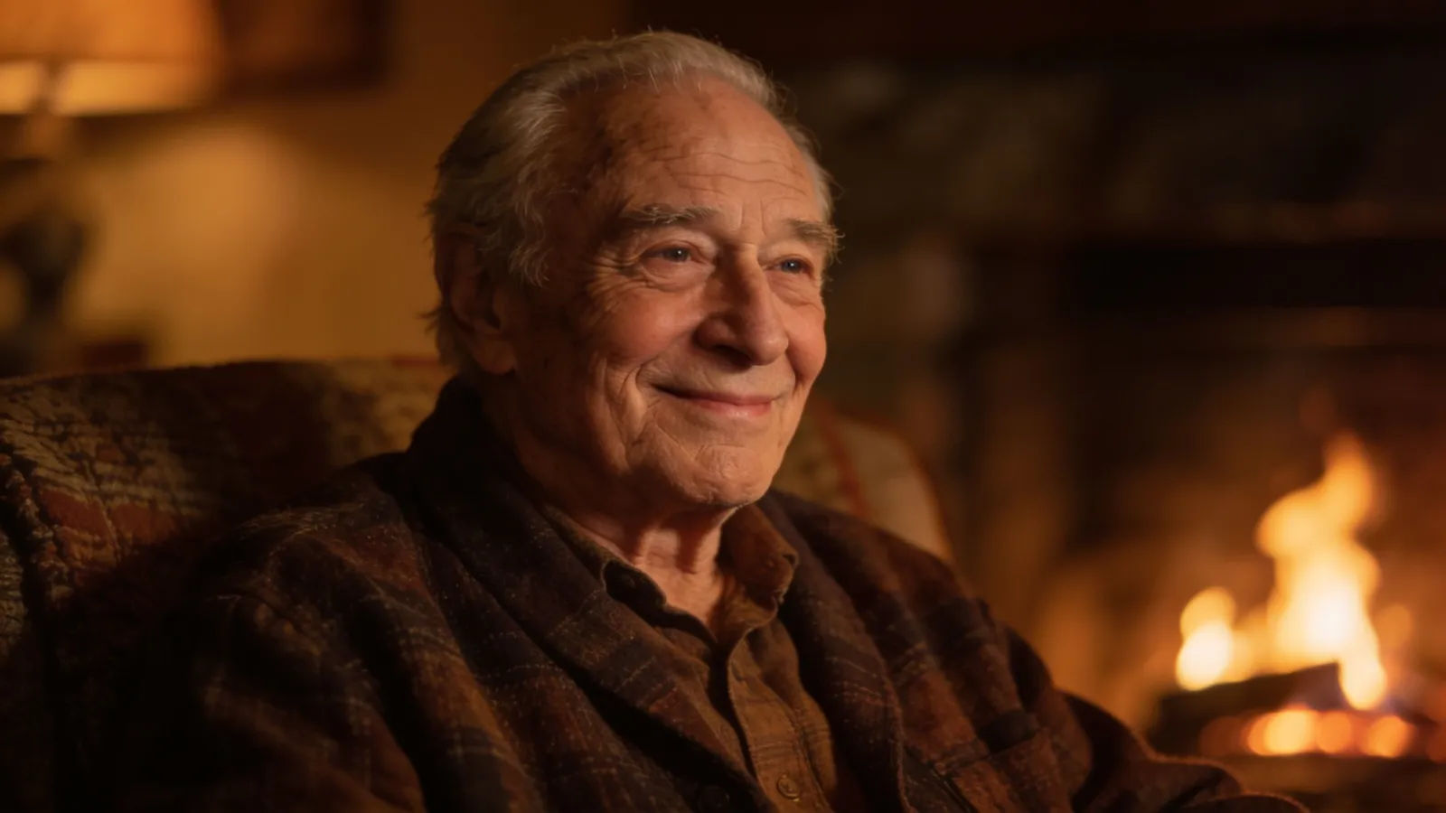 Warm elderly storyteller with kind weathered face
