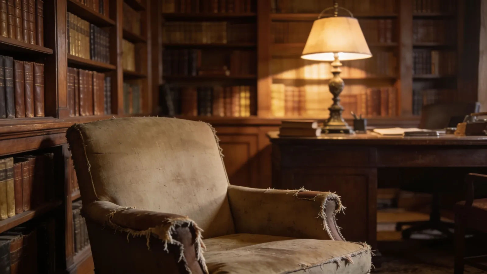 Cozy old study with armchair and warm lamplight