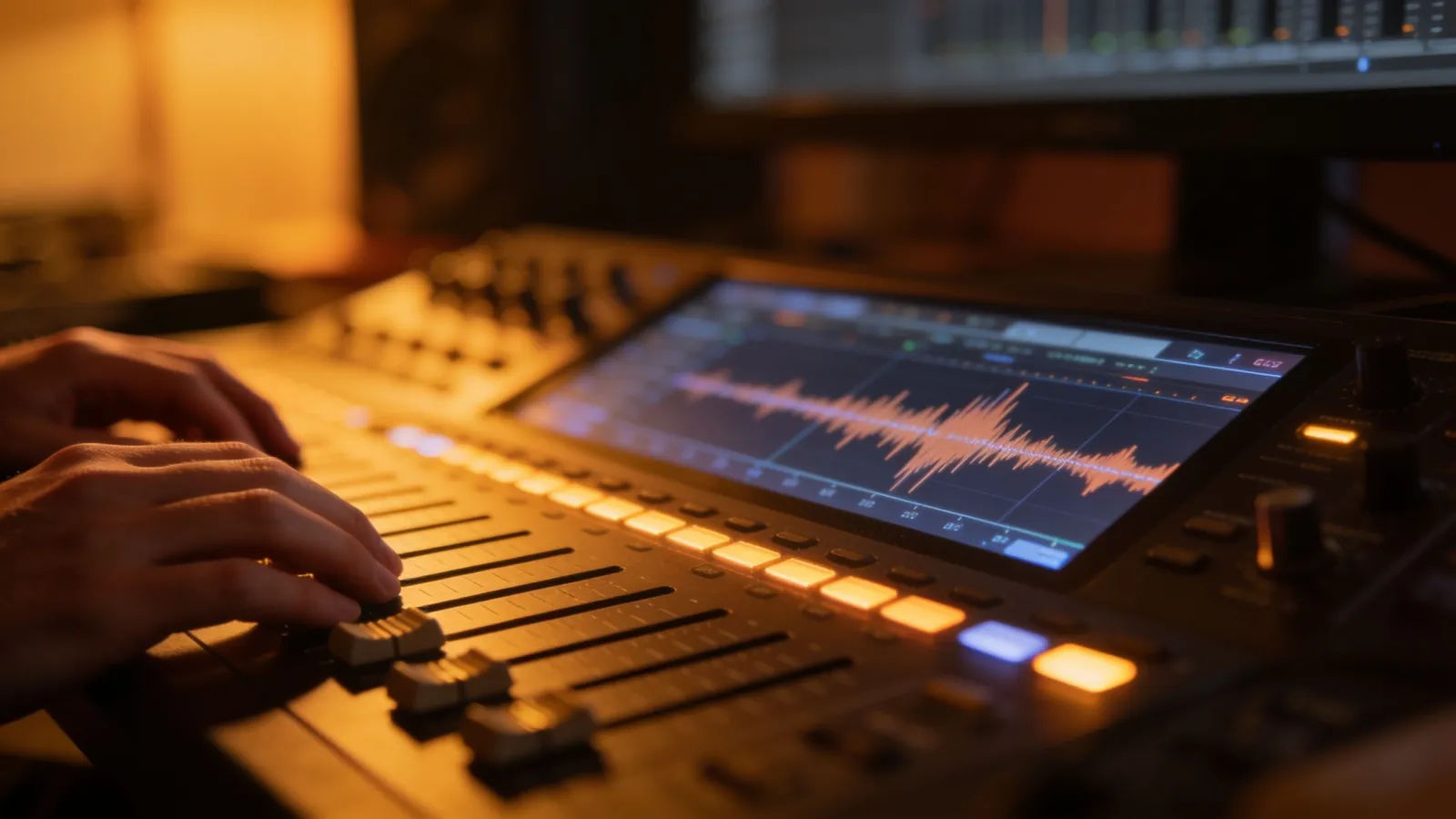 Hands at warm-lit console with amber audio interface