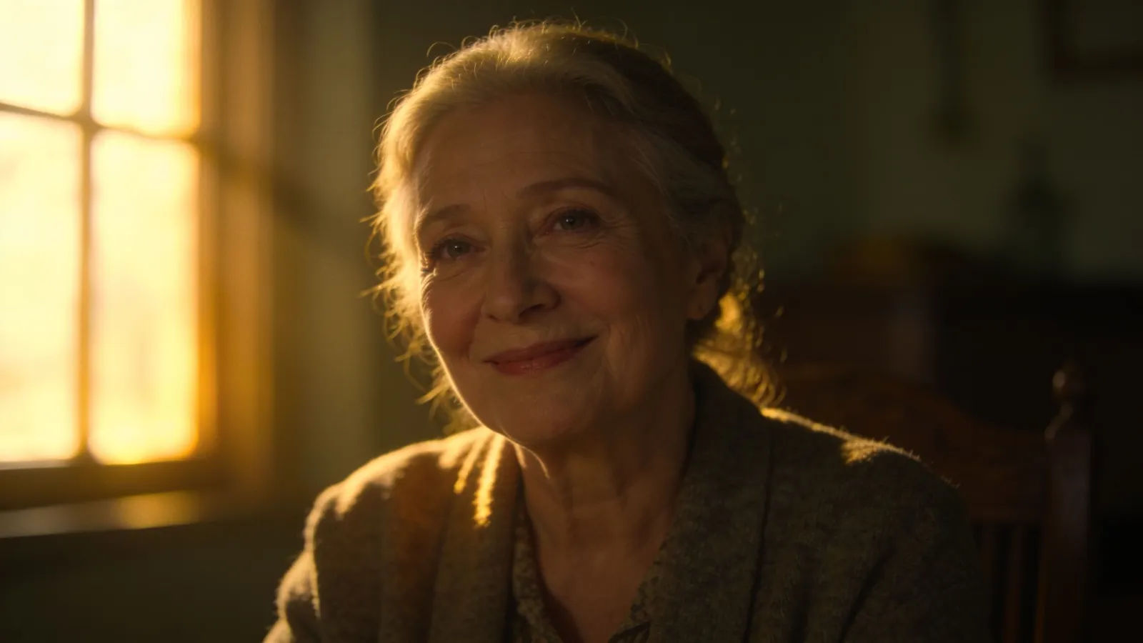 Warm elderly woman smiling in golden light