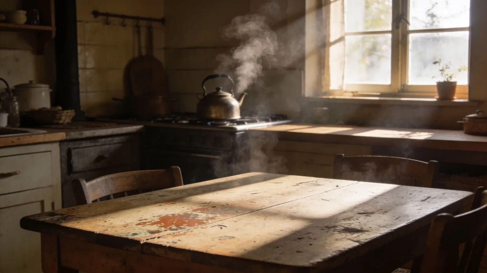 Cozy sunlit kitchen with steaming kettle