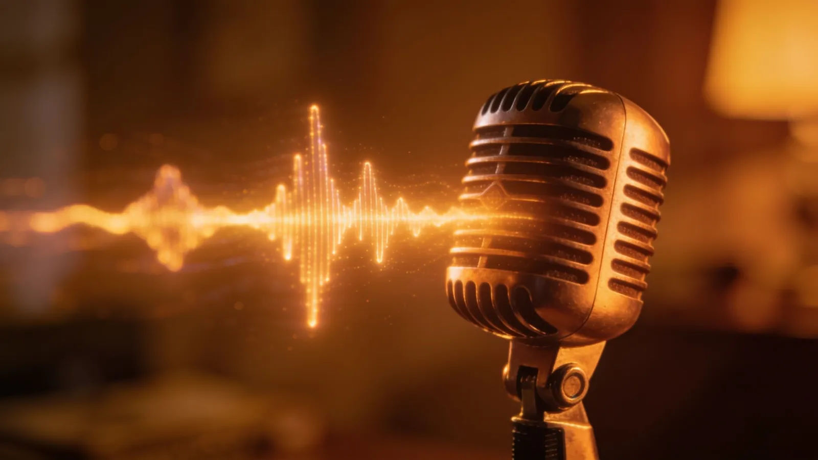 Soft glowing waveform over a warm microphone