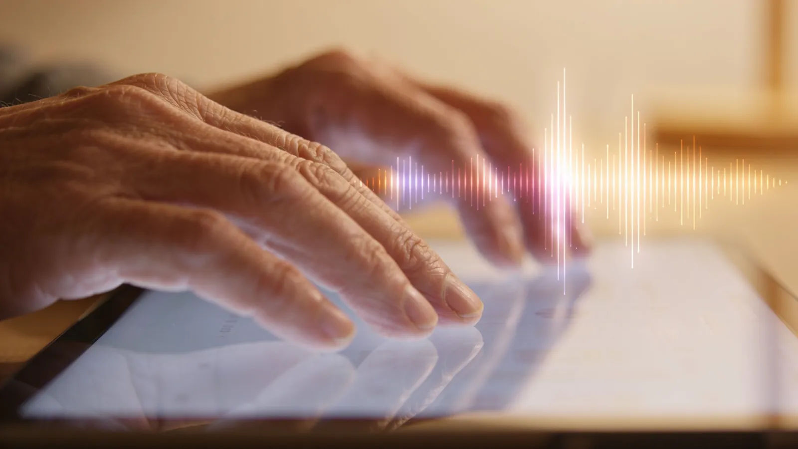 Gentle older hands at a glowing audio screen