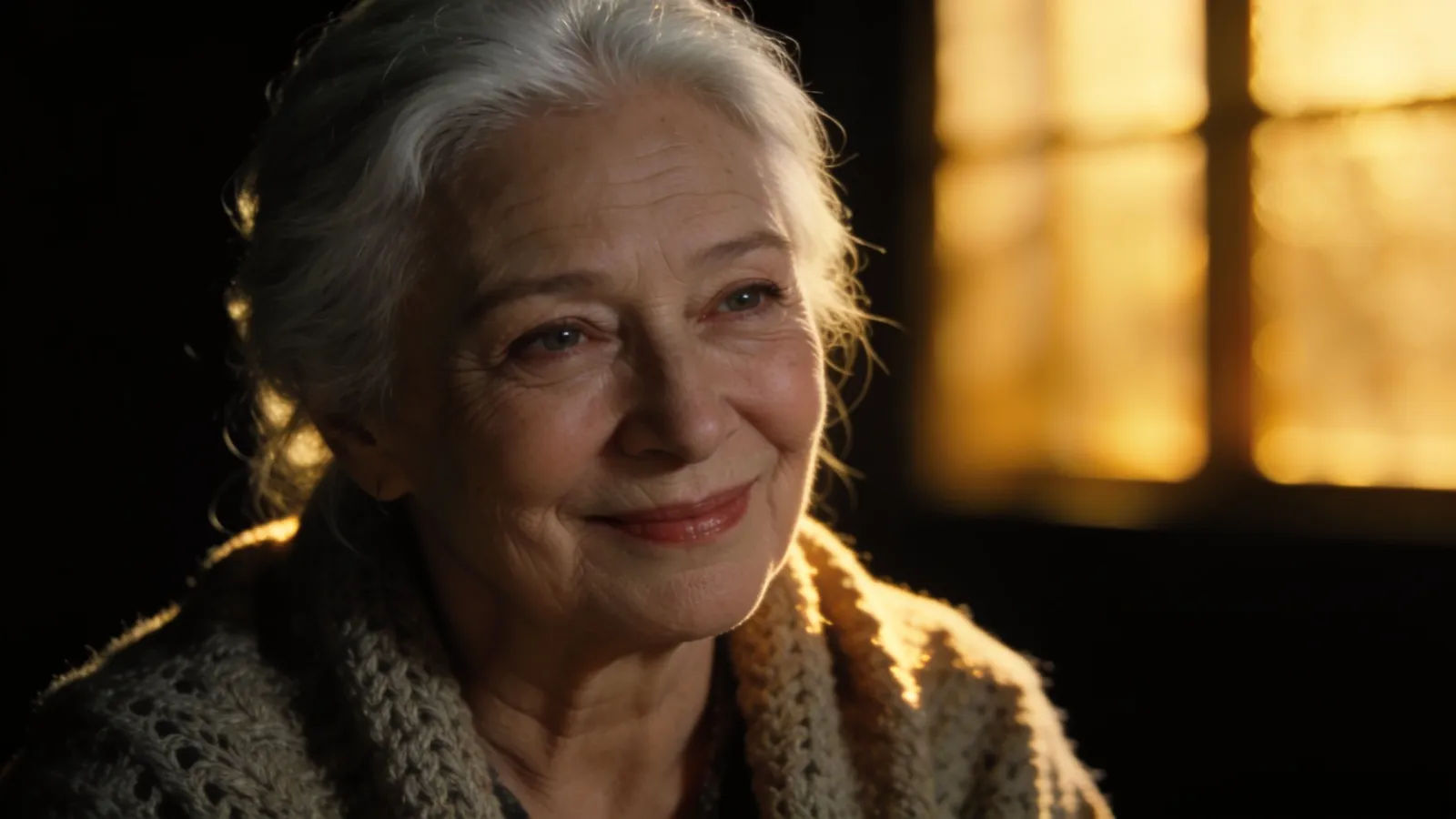 Gentle elderly woman mid-story in warm window light