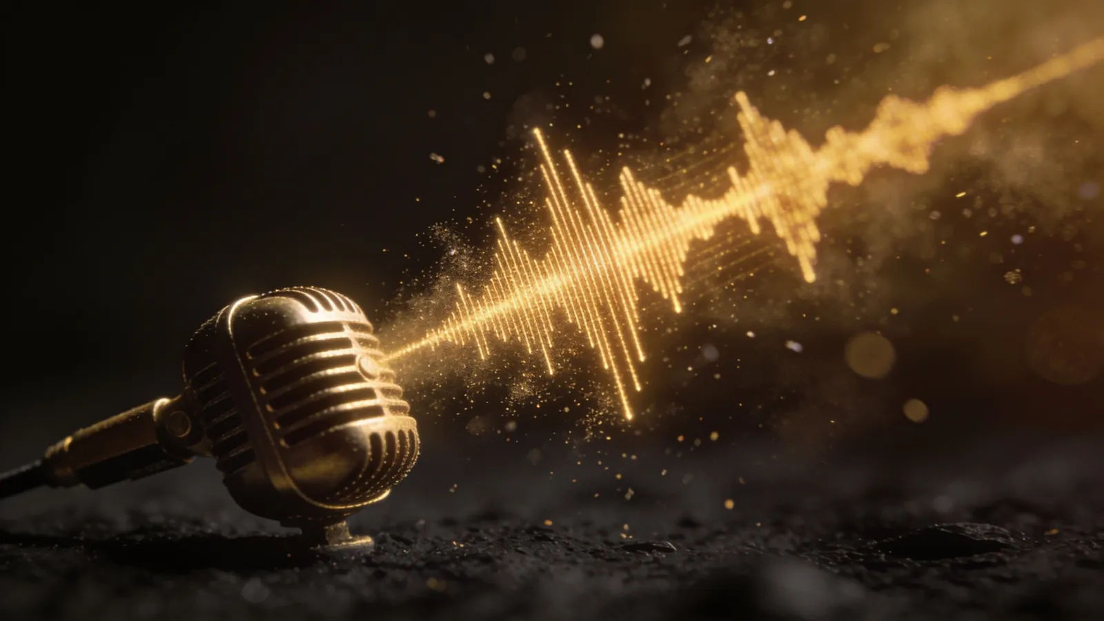 Warm golden waveform drifting from a vintage microphone