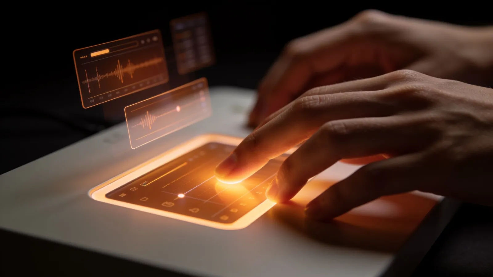 Hands at a softly glowing audio console