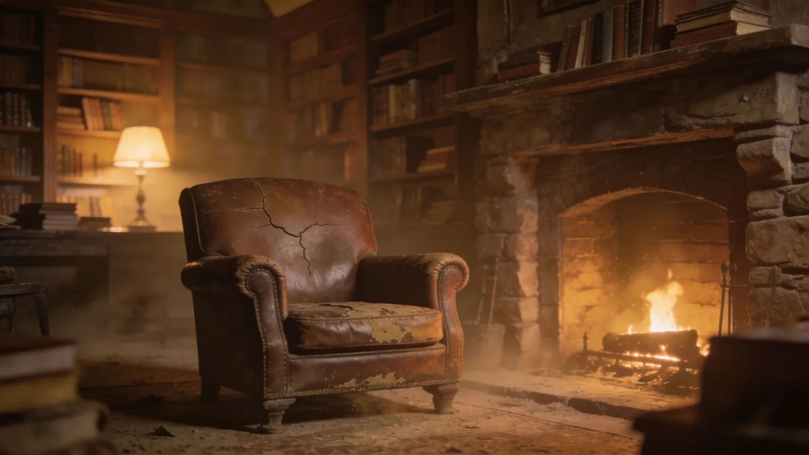 Cozy study with leather armchair by fireplace