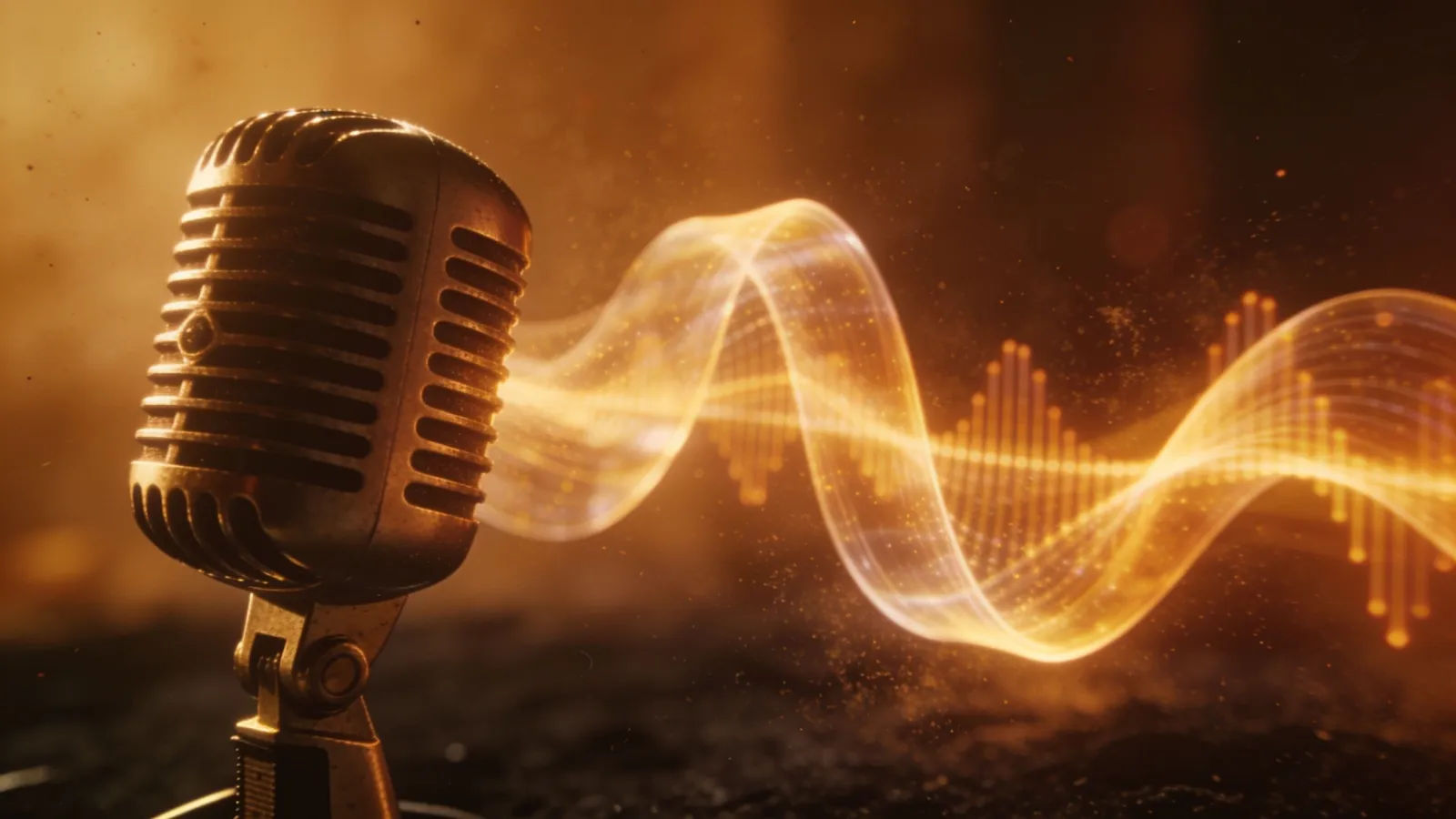 Warm amber waveform beside vintage studio microphone
