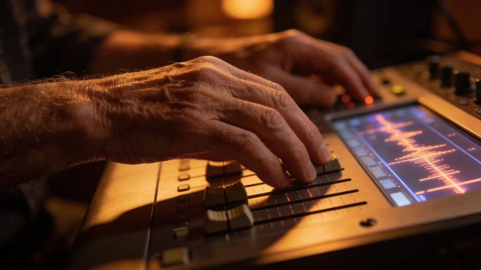 Aged hands on console with amber waveform UI