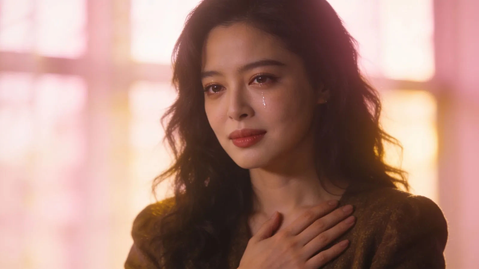 Moved person with hand on heart and soft eyes