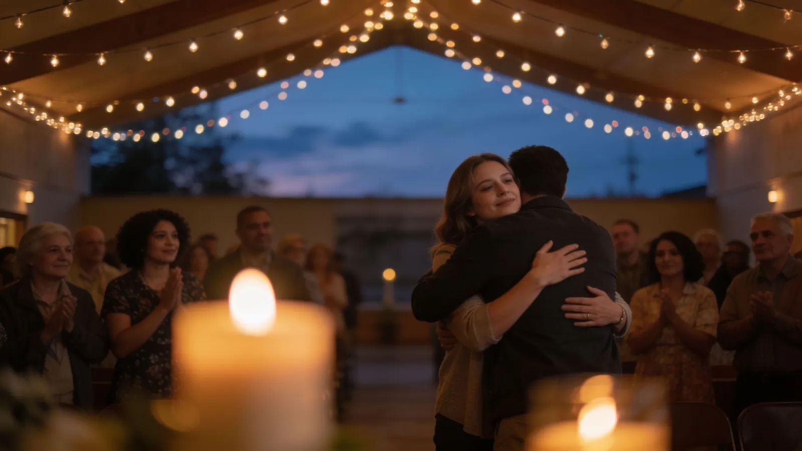 Warm community tribute gathering at dusk