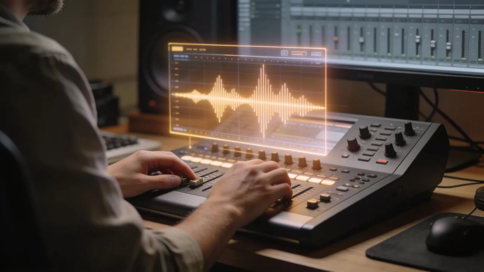 Hands at a console with warm waveform interface