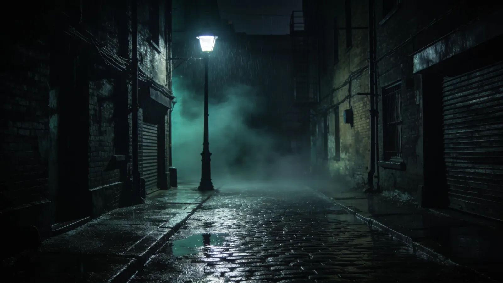 Rain-slicked noir alley with fog at night