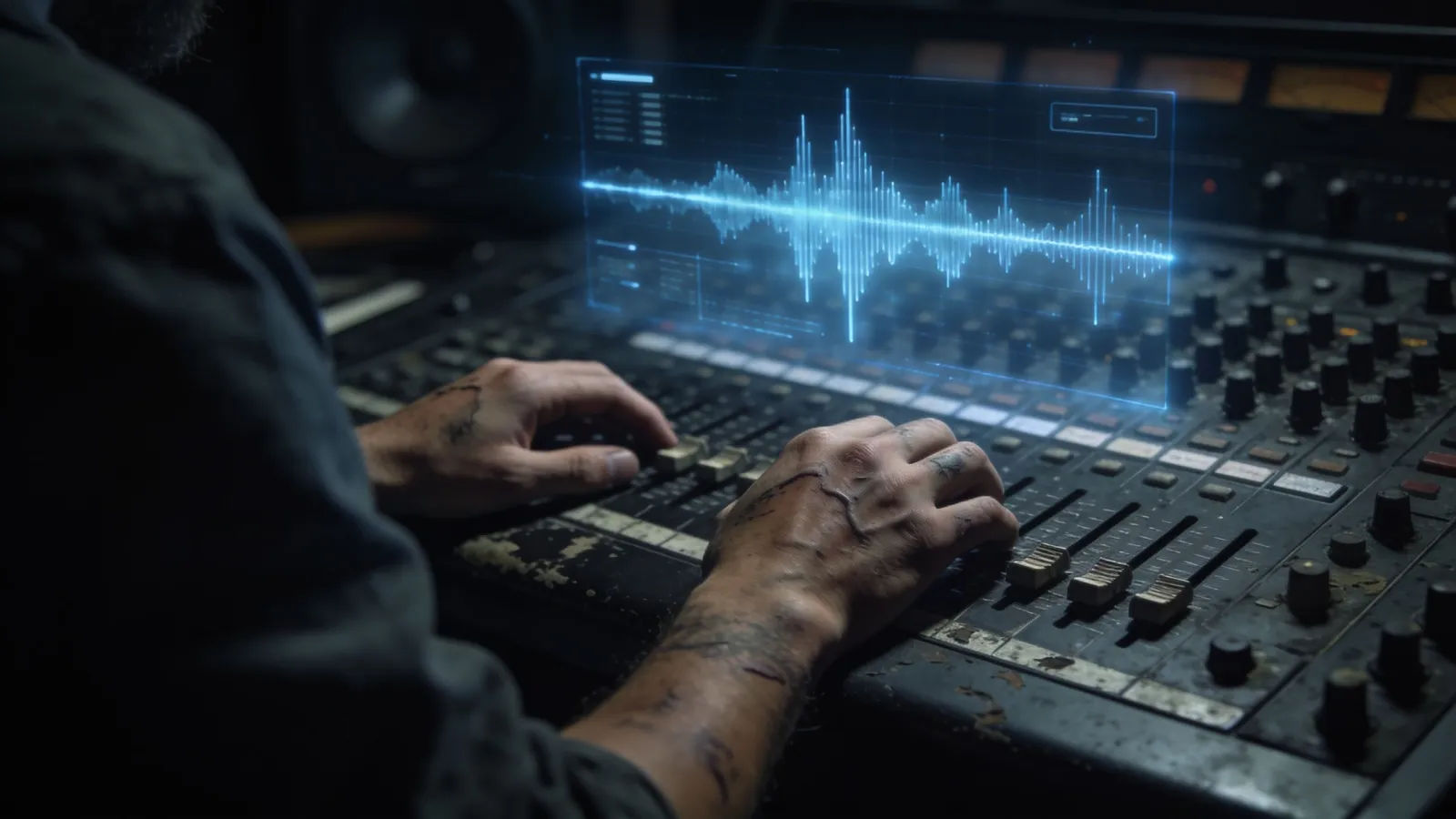 Scarred hands on worn mixing console in blue