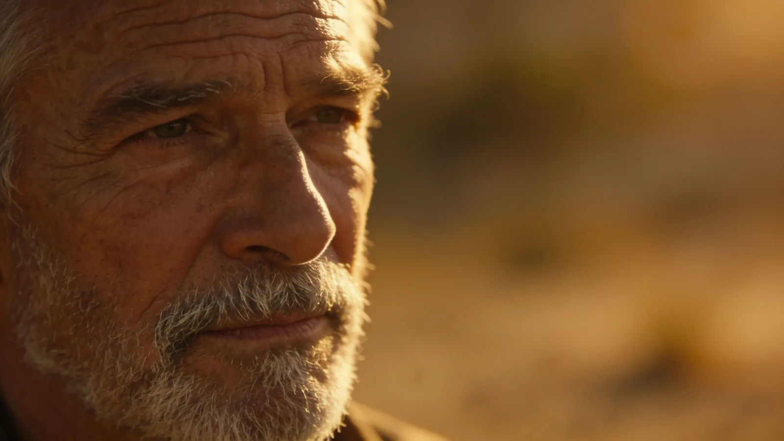 Weathered older man with silver stubble, amber light