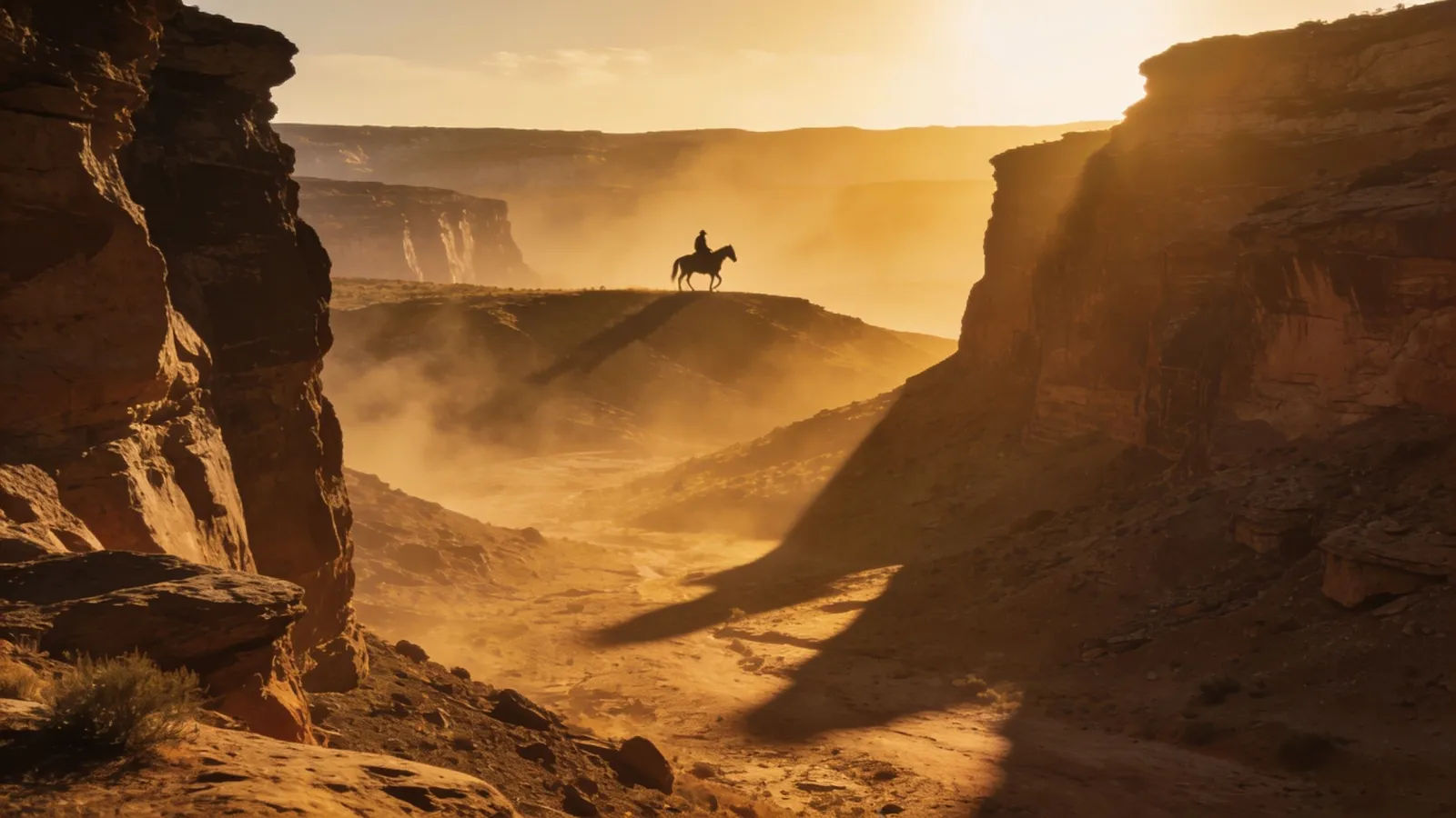 Sun-baked canyon at golden hour, lone rider ridge