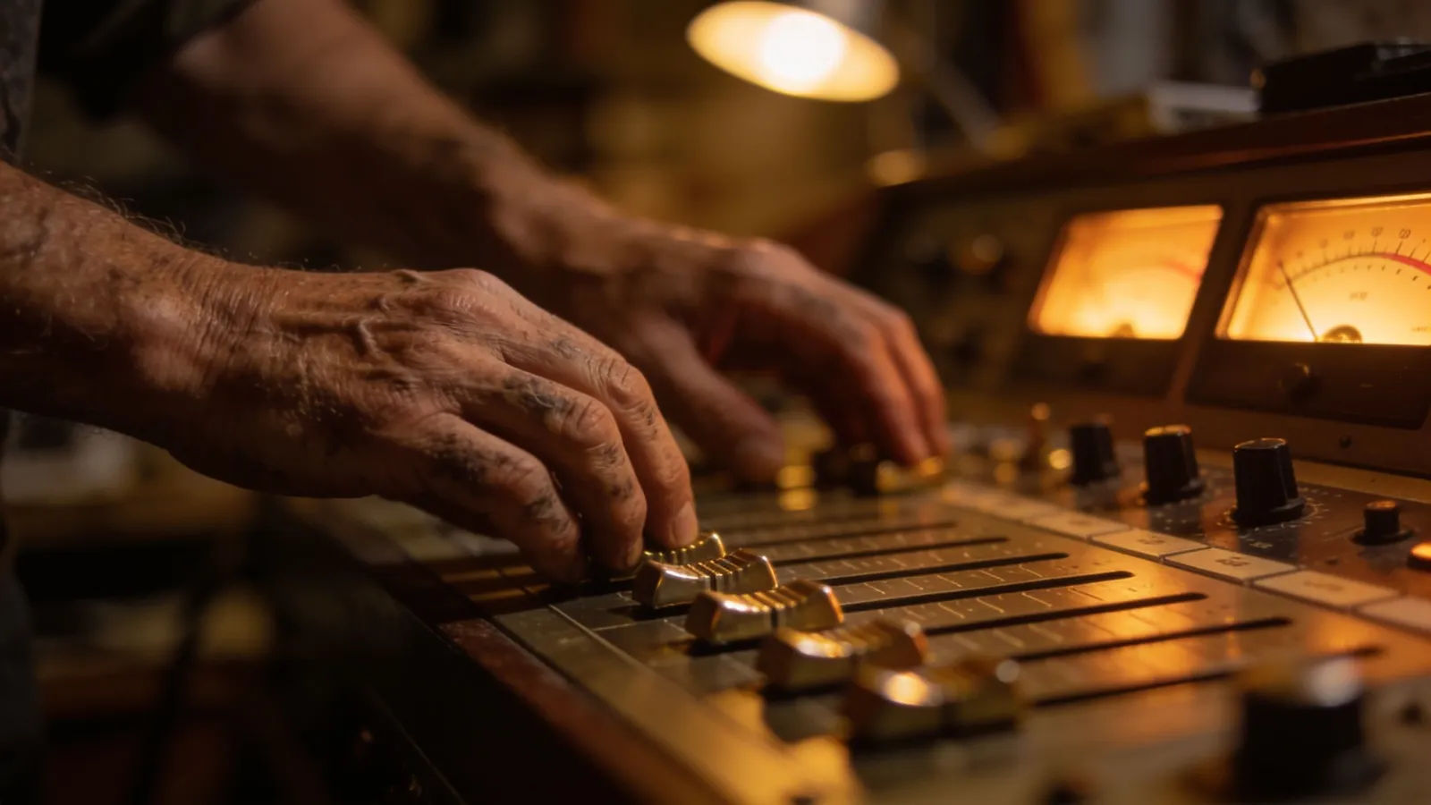 Weathered hands at warm vintage audio console
