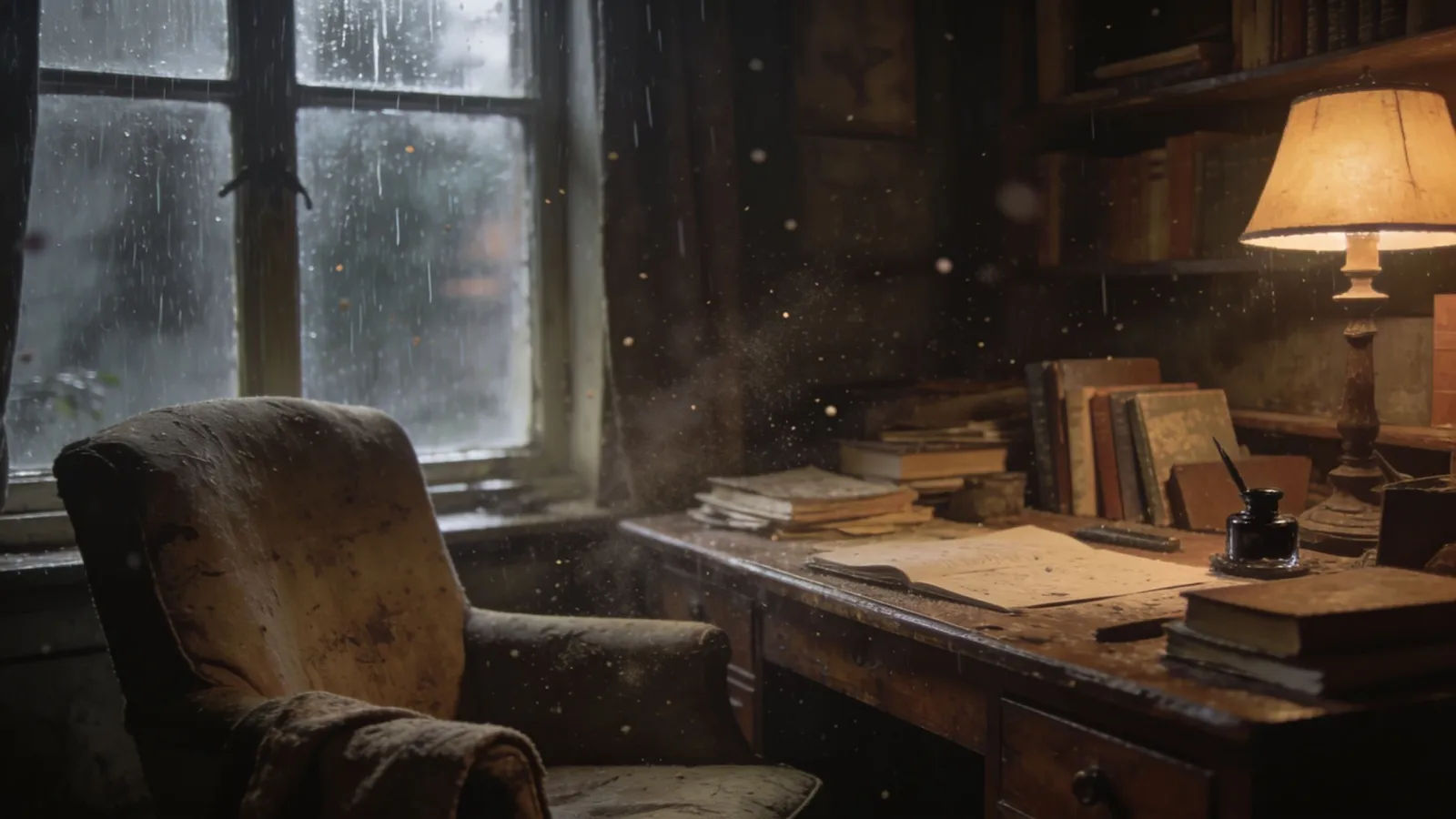 Cluttered cozy old study with worn armchair by rainy window