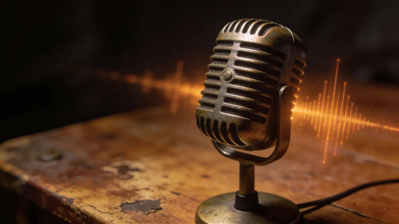 Vintage desk microphone with subtle amber waveform glow