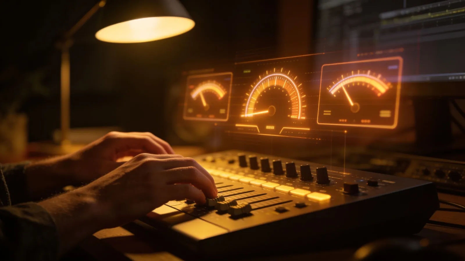 Hands at a console with glowing warm audio UI, dim lamp