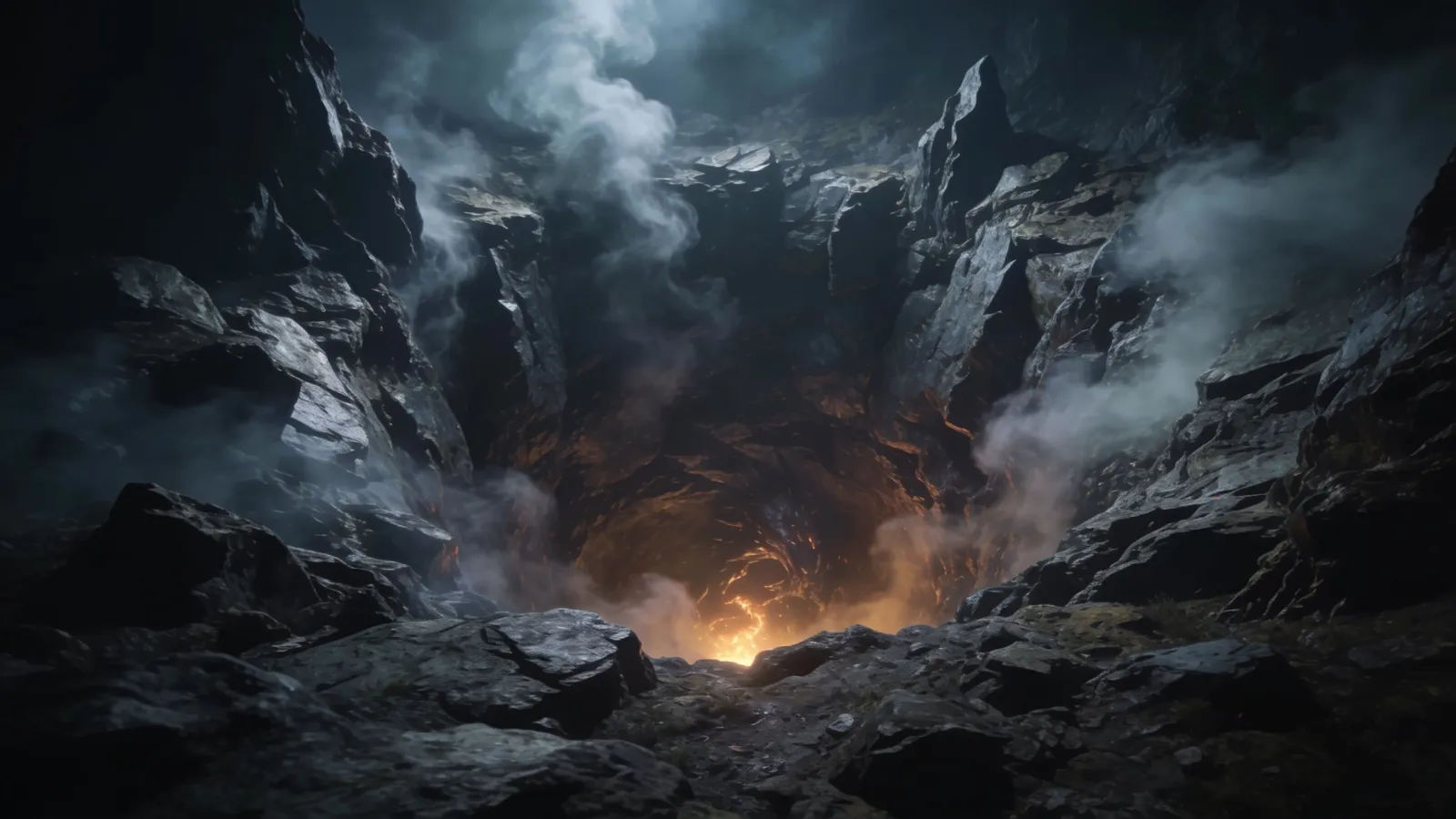 Dark cavernous pit with mist and ember glow