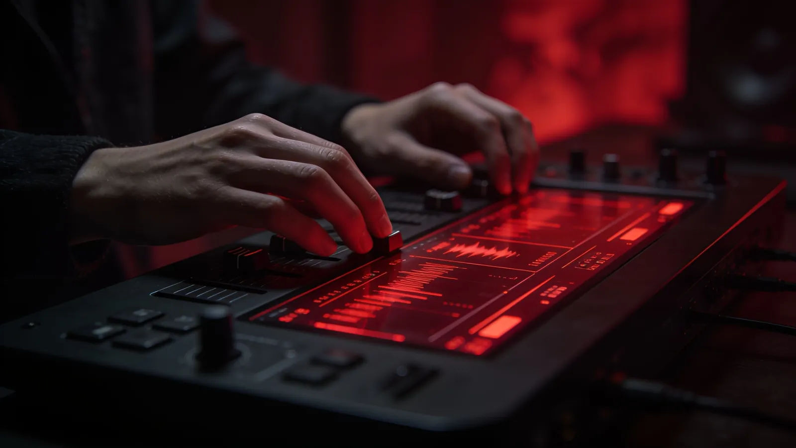 Hands at dark console with ominous red audio UI