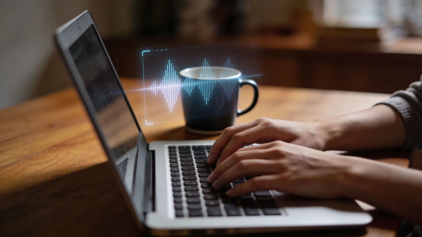 Hands at a laptop with audio interface