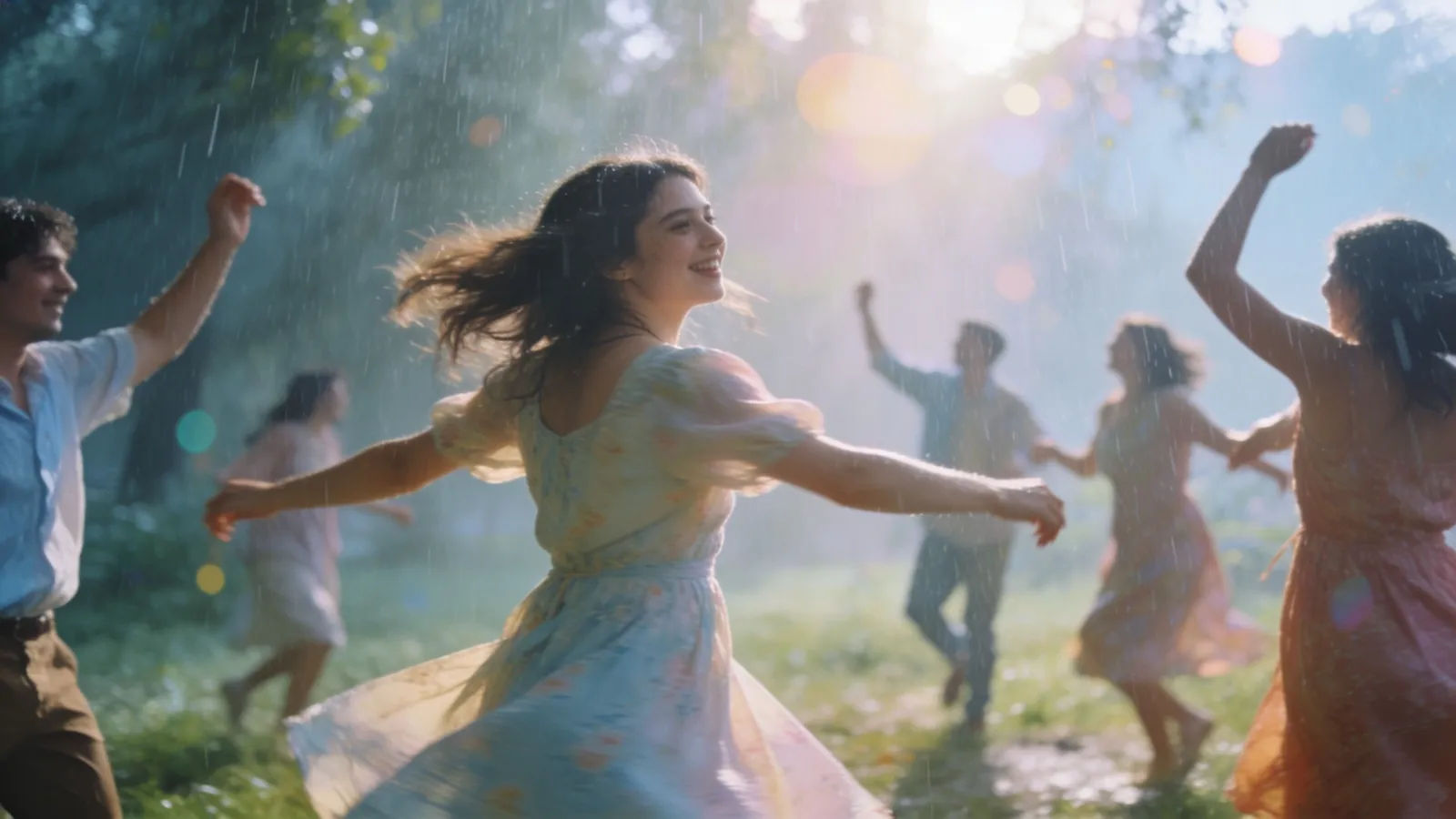 People dancing joyfully in soft rain