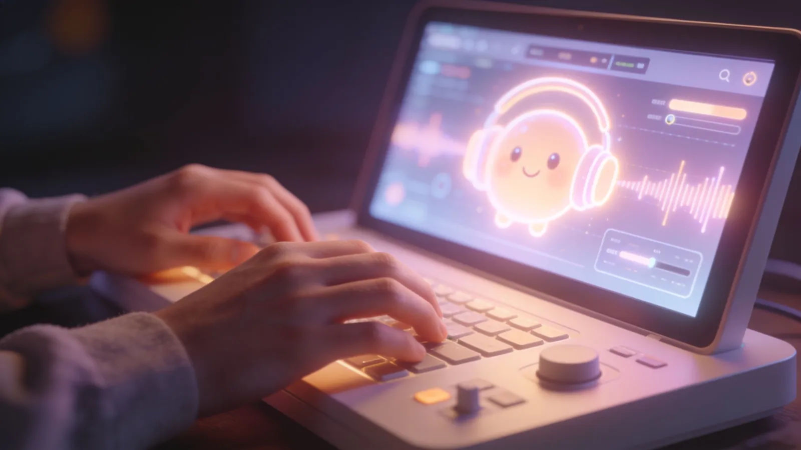 Hands at bright console with audio interface