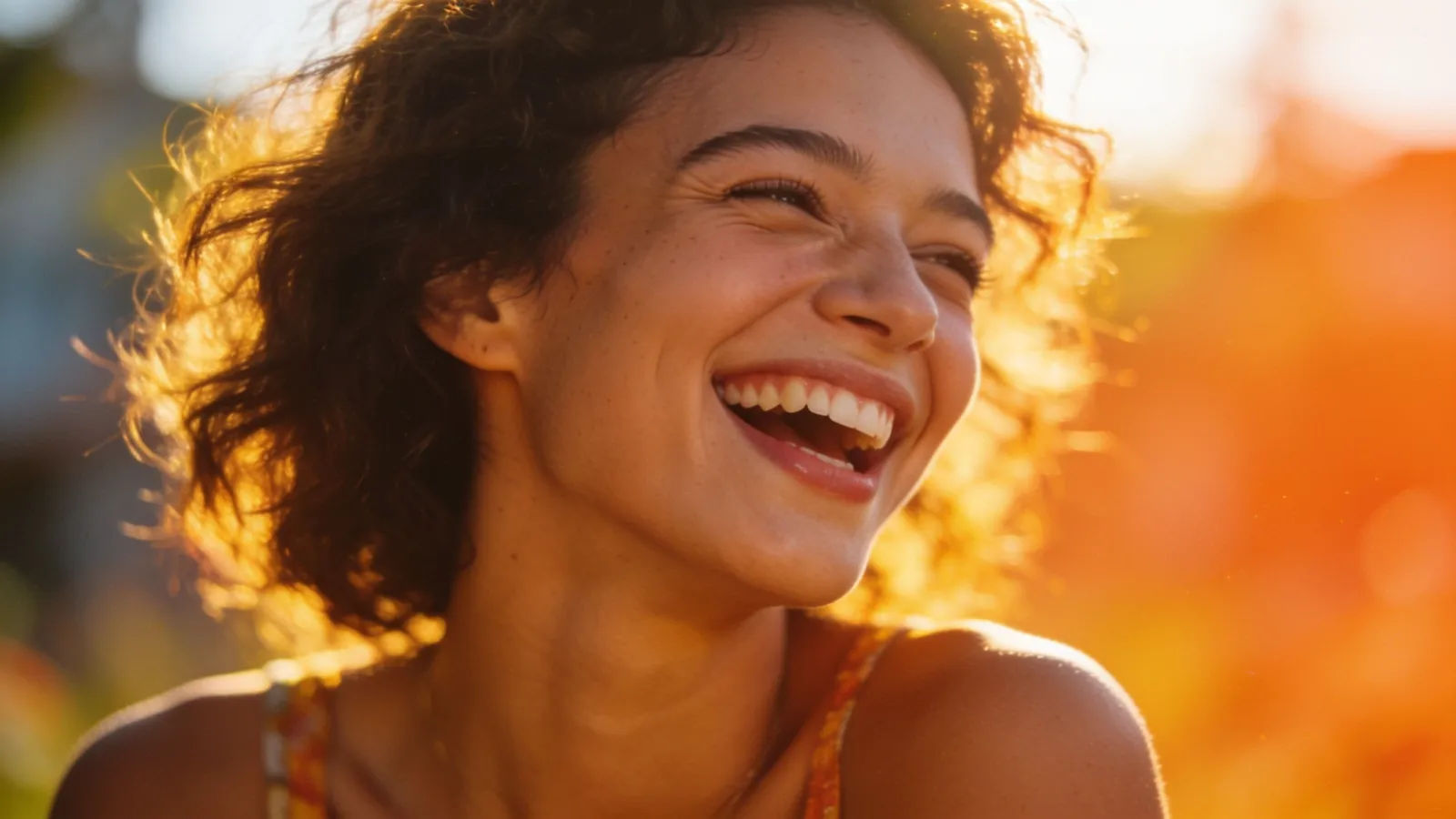 Beaming cheerful person mid-laugh in sunlight