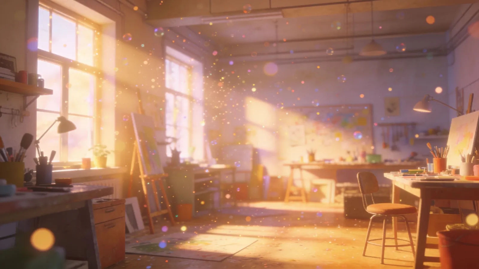 Bright airy studio with floating light motes