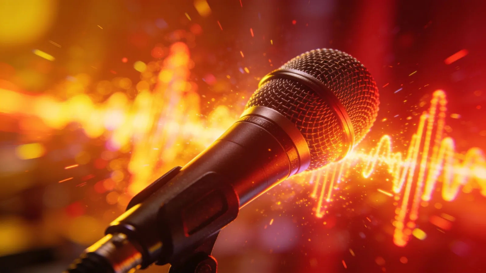 Vibrant colorful waveform over a microphone