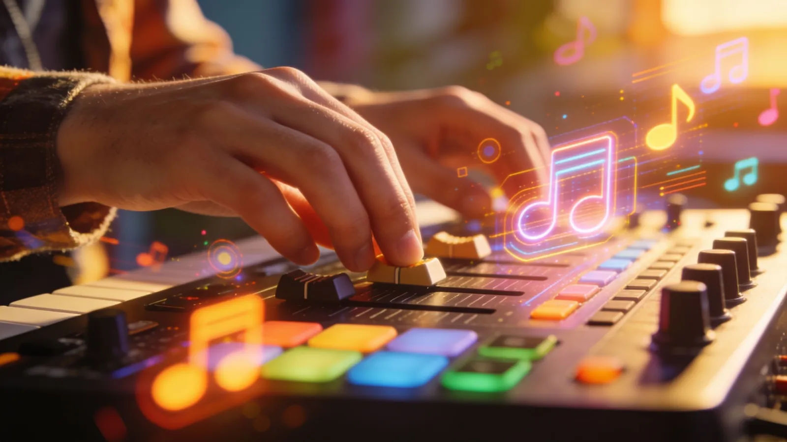 Hands at a console with cheerful audio UI
