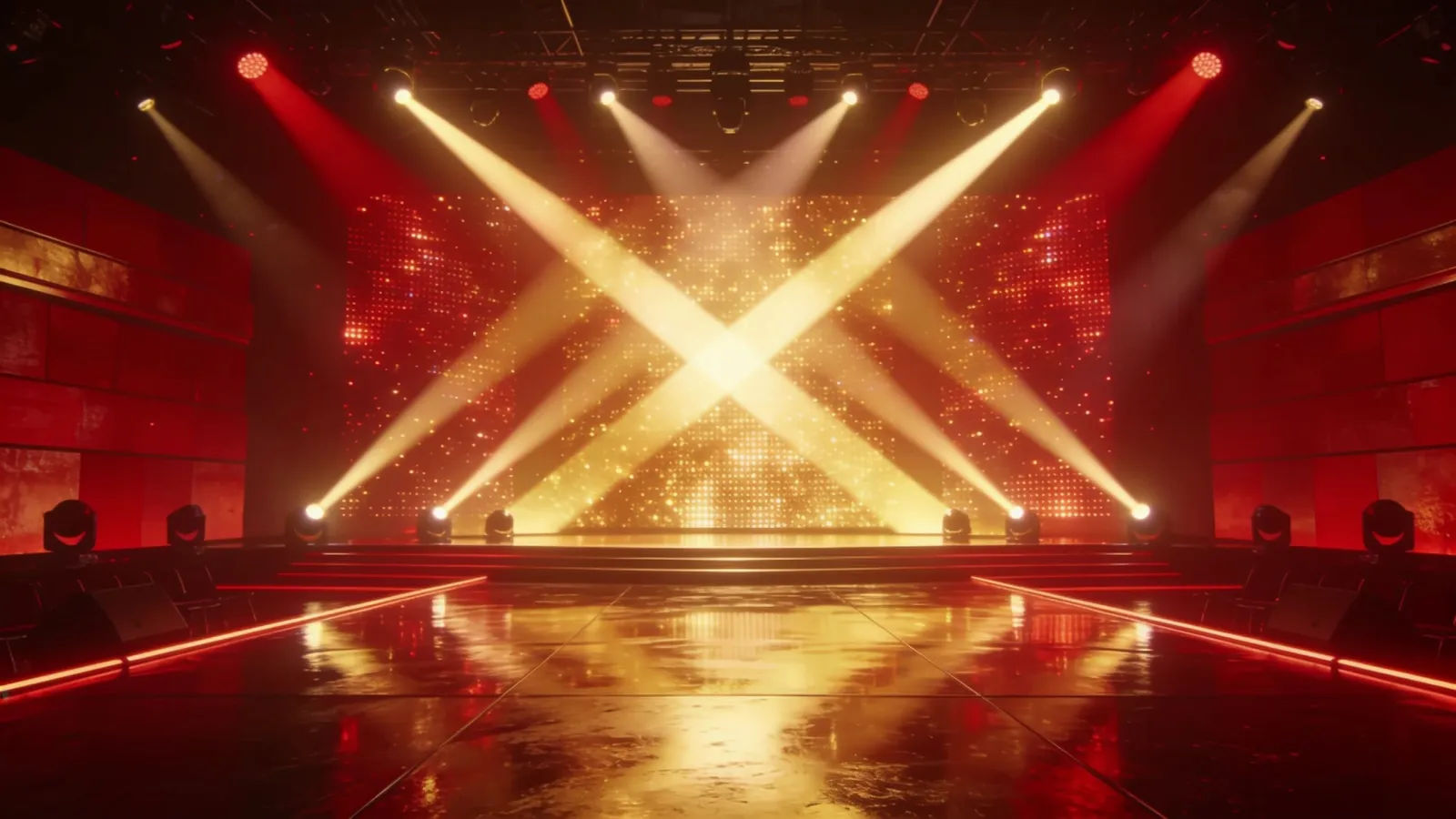 Glossy promo studio stage with bold crossing spotlights
