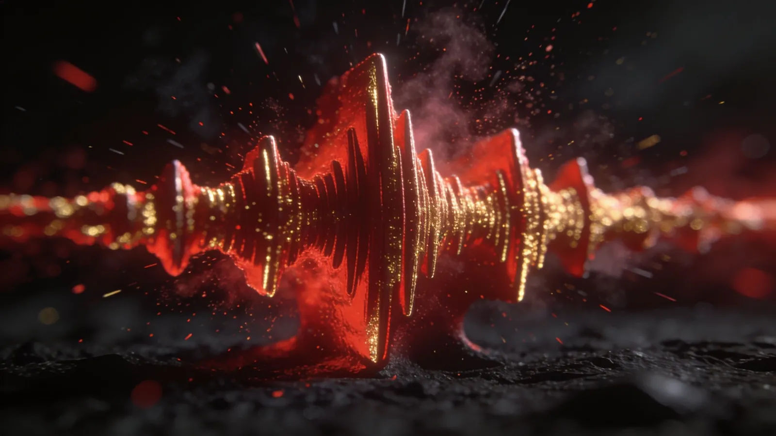 Bold punchy red-gold sound waveform bursting in darkness