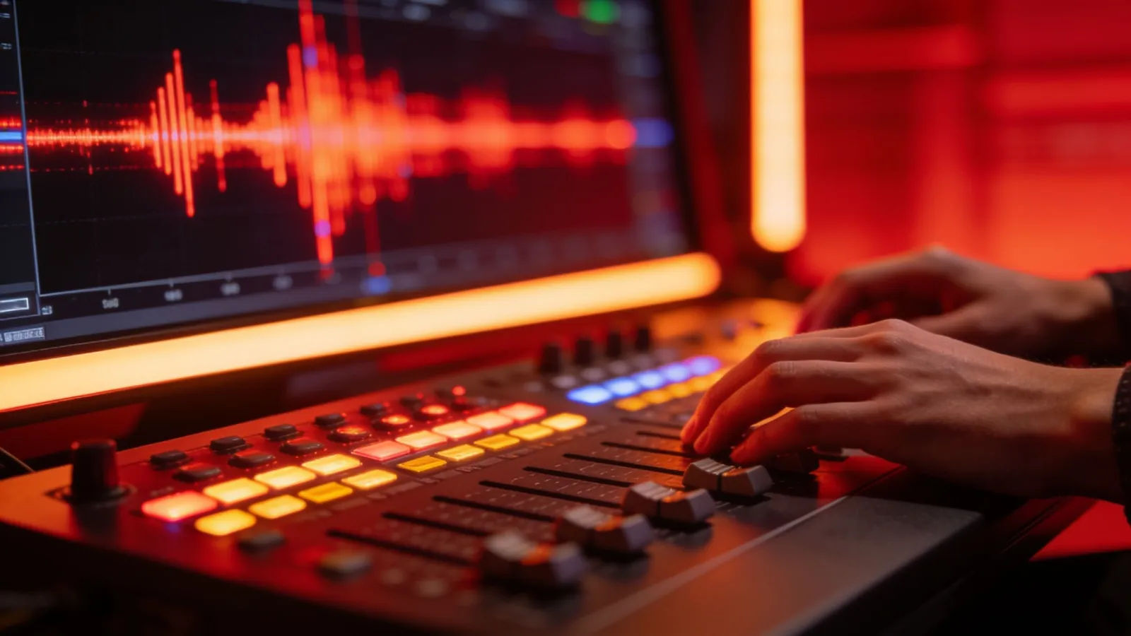 Hands over broadcast console with bold audio glow