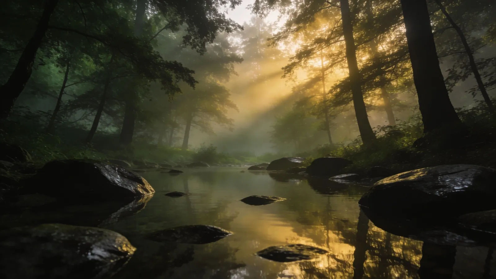 Misty forest clearing at dawn with god-rays