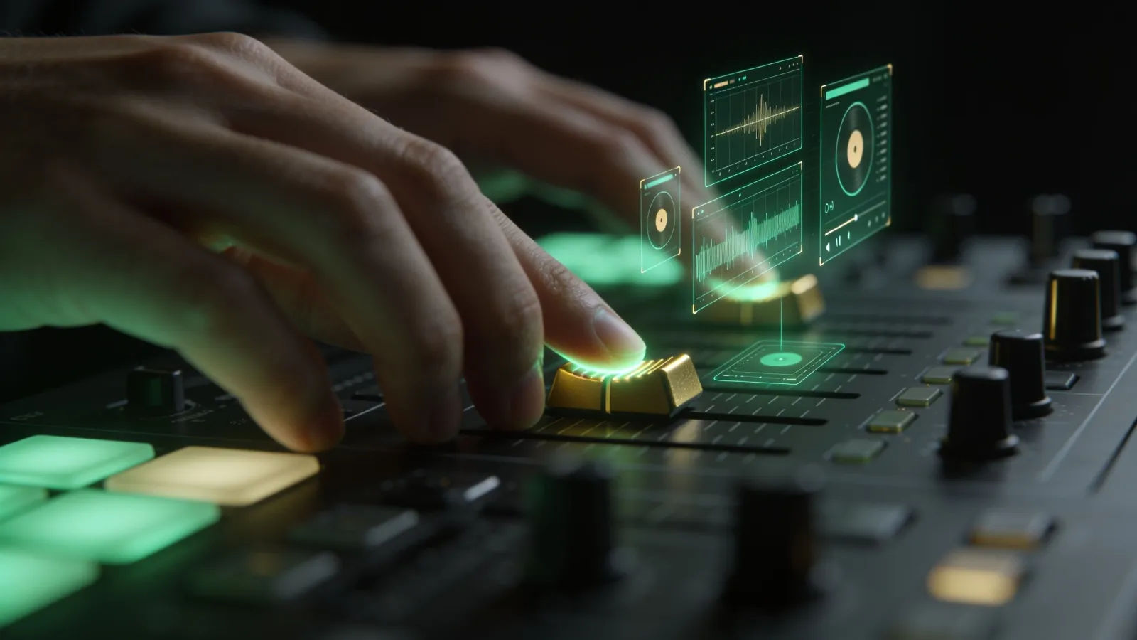 Hands at a console with calming green-gold UI