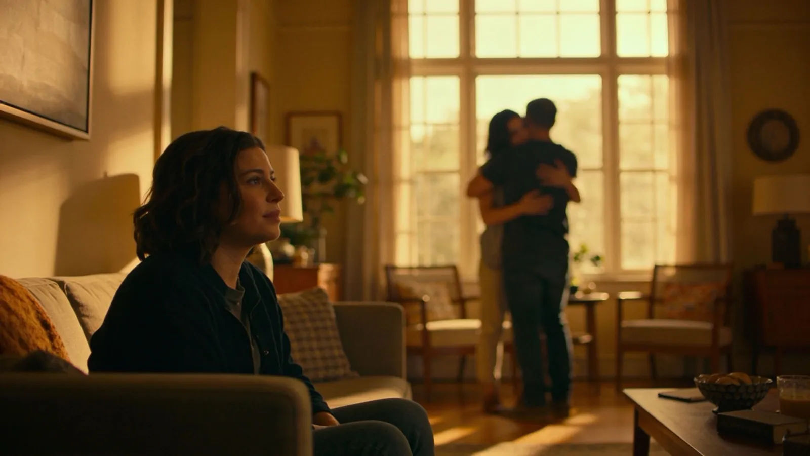 Golden-hour living room, blurred figures embracing