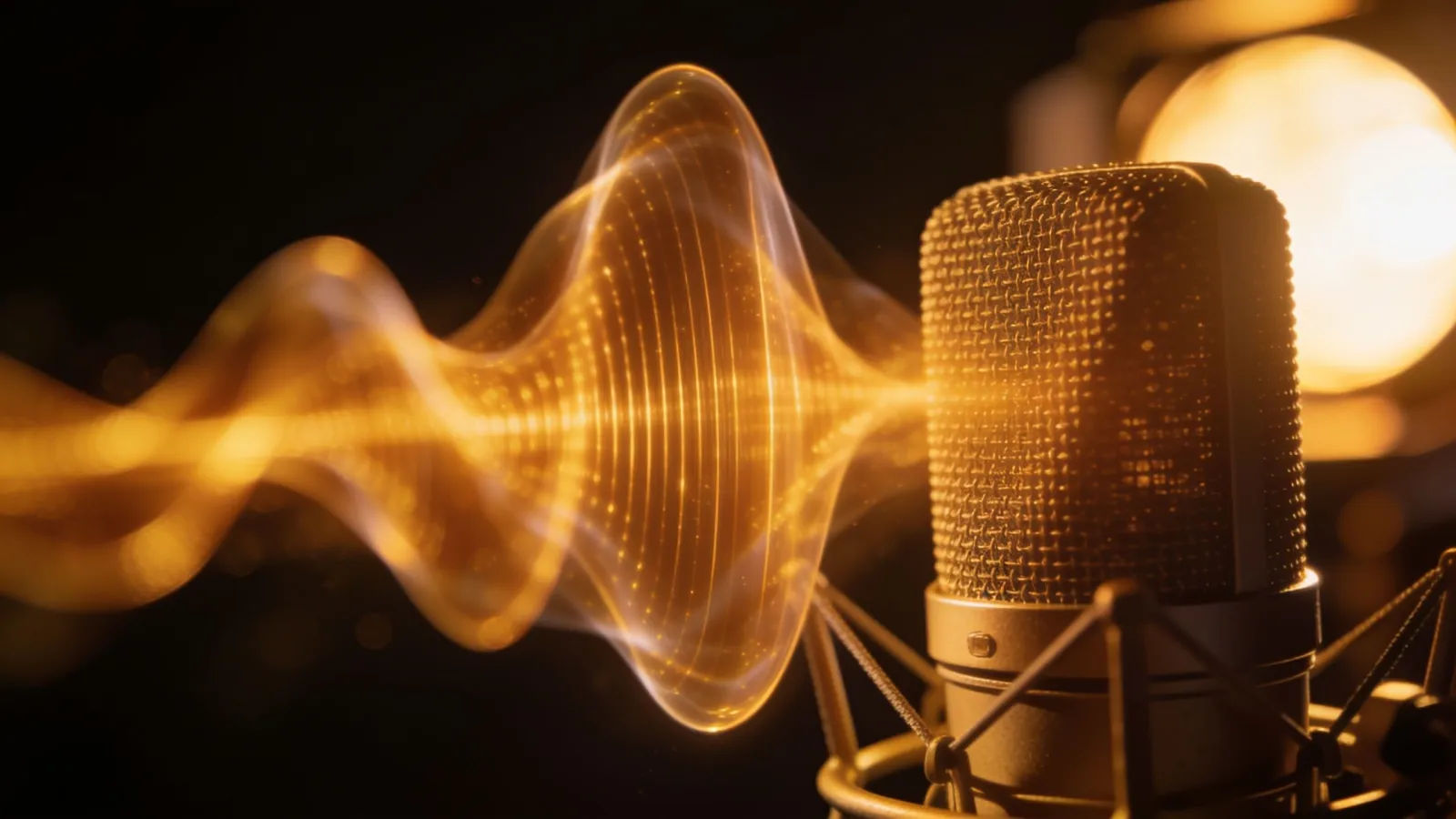 Warm golden waveform rising beside a microphone