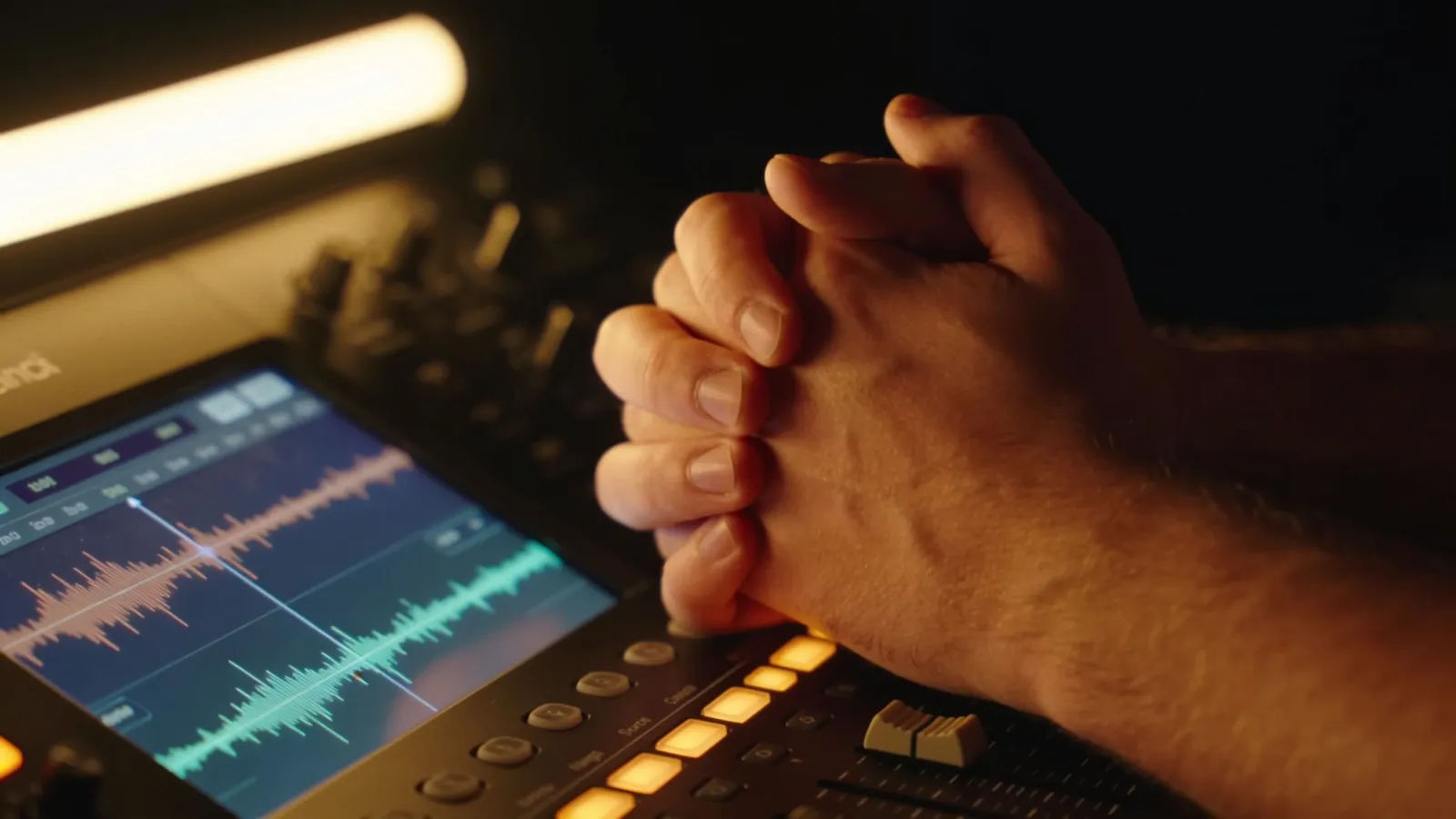 Clasped hands near console, golden audio UI