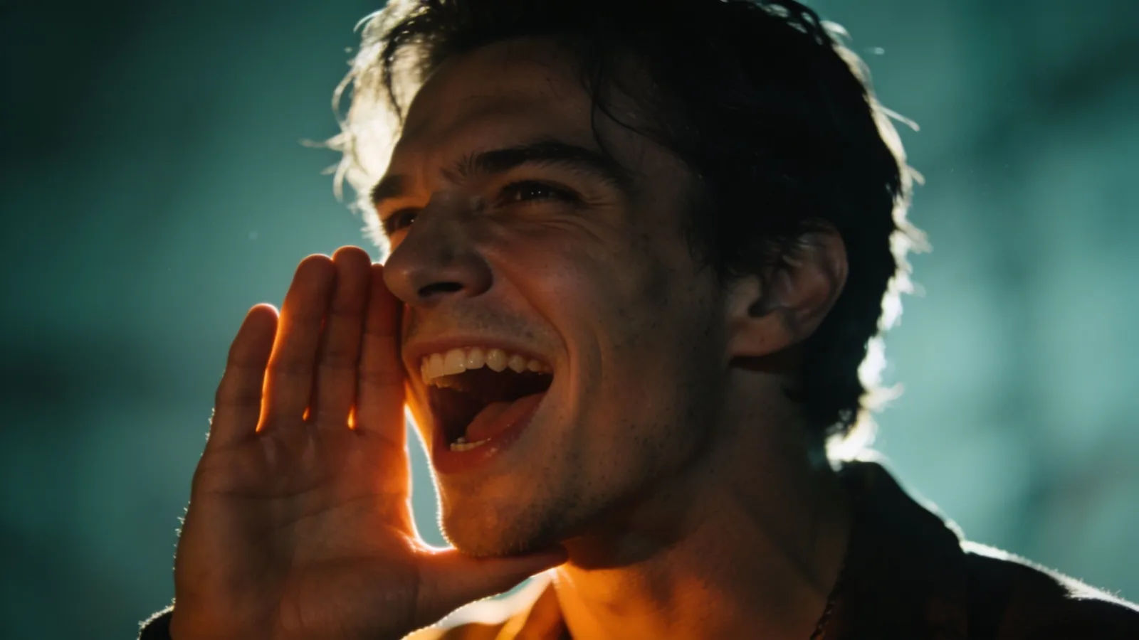Smirking loudmouth mid-shout under rim light