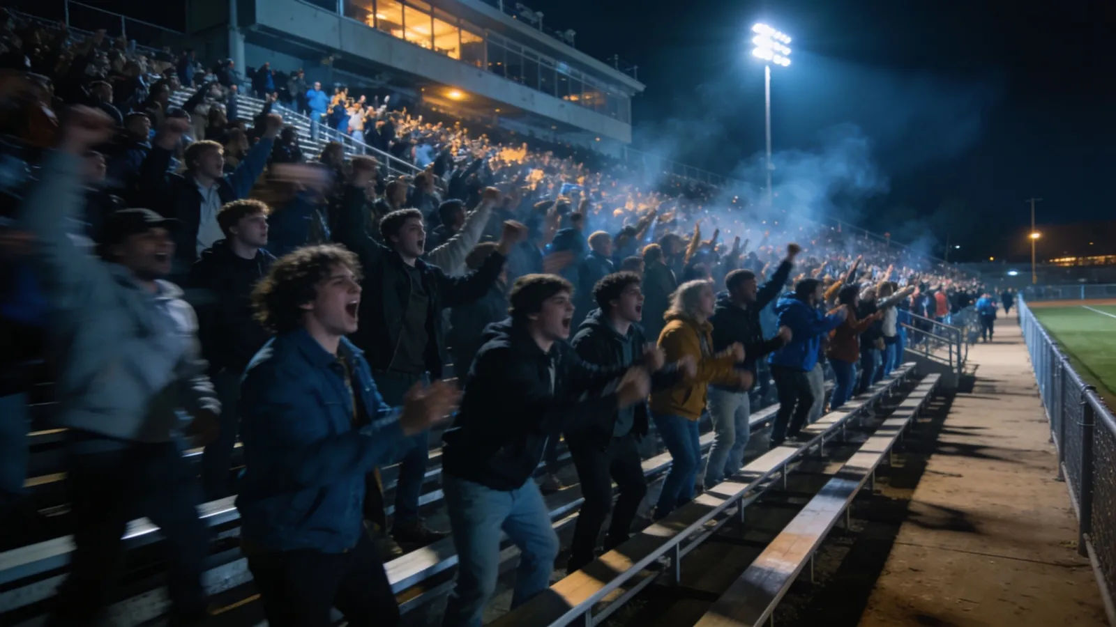 Rowdy stadium crowd jeering under floodlights