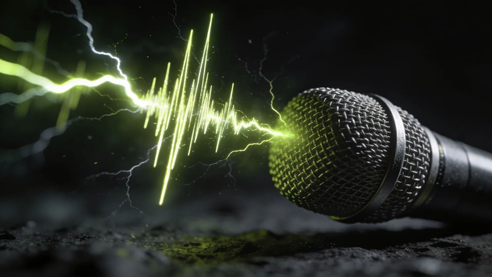 Jagged electric soundwave past an edgy microphone