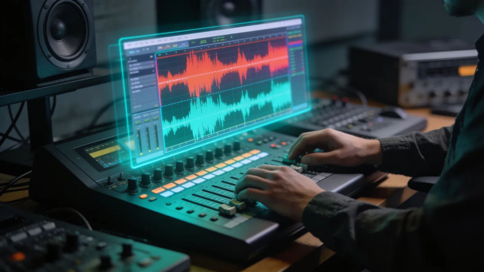 Hands at a console with punchy saturated waveform
